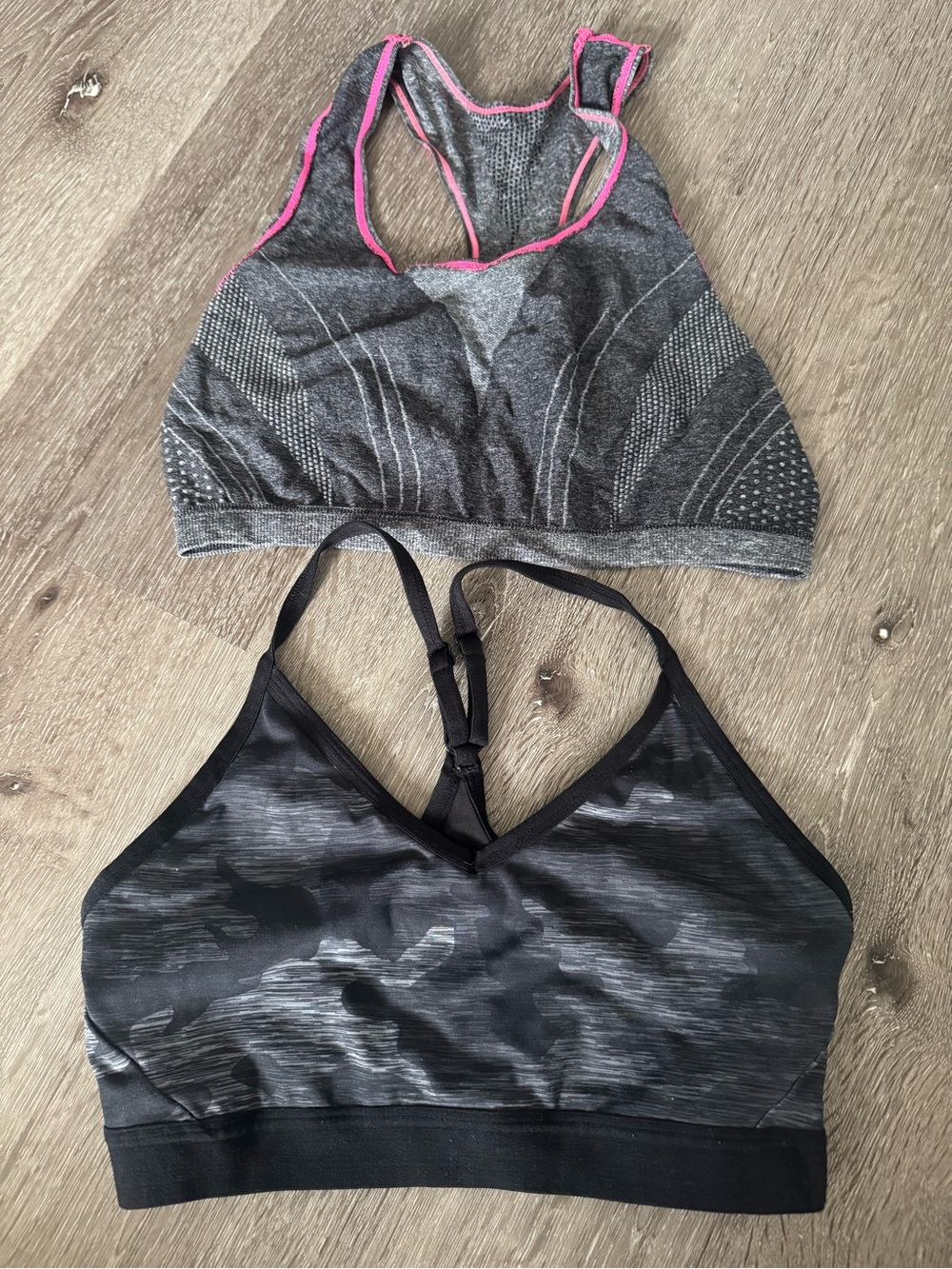 Gray Seamless Sports Bra with Pink Trim & Black Camouflage Bralette